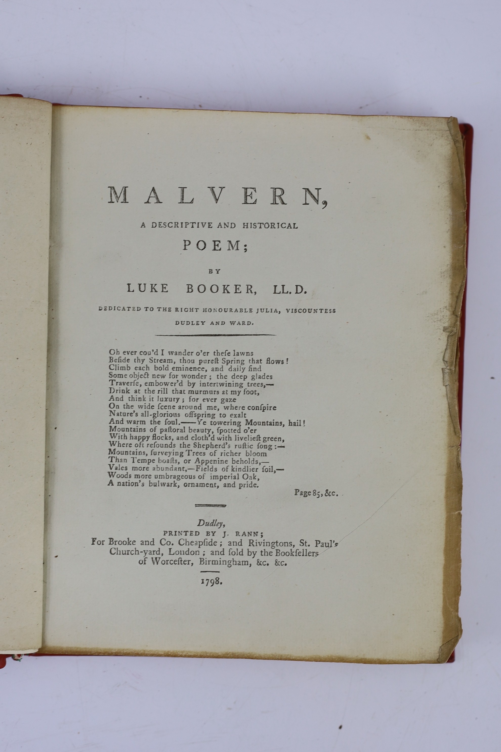 WORCS: Booker, Rev. Luke - Malvern, a Descriptive and Historical Poem ... half title, subscriber's list; 20th cent. gilt-ruled red calf